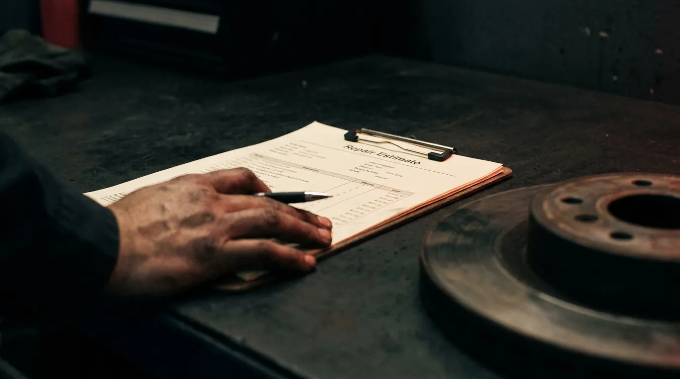 A written repair estimate on a clipboard beside a worn brake rotor on the workbench.