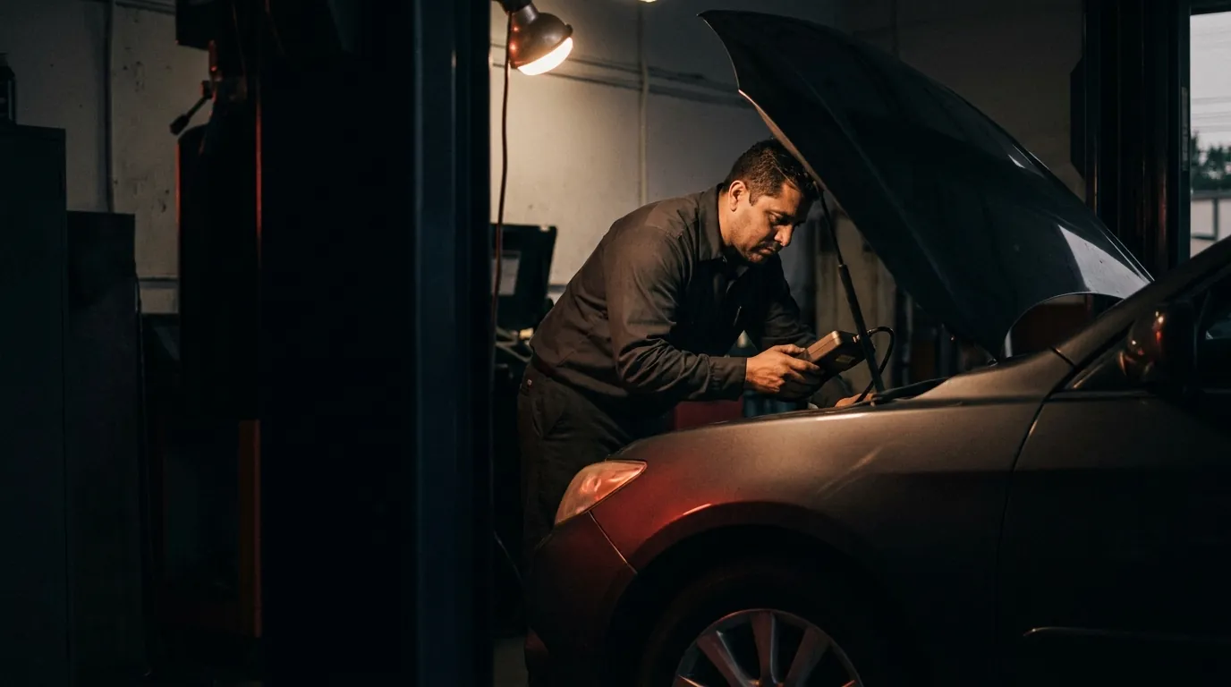 A Team 1 Auto Care technician reading a diagnostic scanner under the hood of a car in the shop bay.