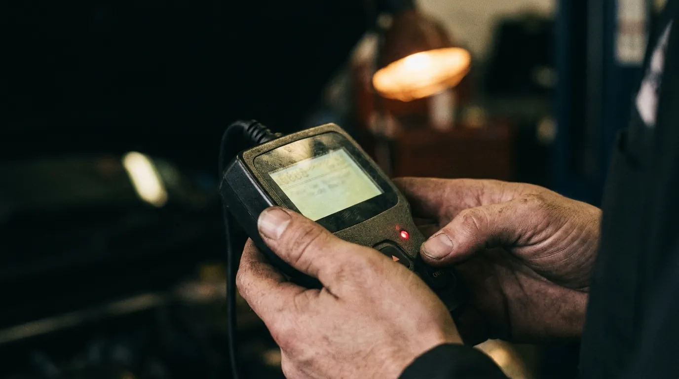 A technician's hands holding an OBD-II diagnostic scanner in the shop.