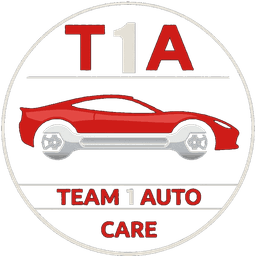 Team 1 Auto Care badge — the red circular sign on the building